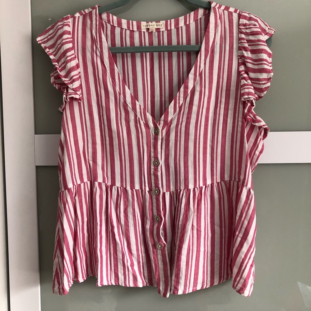 Striped Copper Key Ruffle Top with Button Front